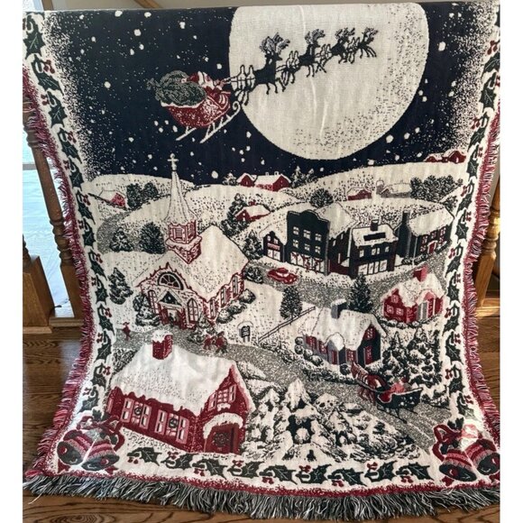 Handwoven Fringed Tapestry Throw Blanket Christmas Santa  100% Cotton 68x46” - Picture 1 of 8